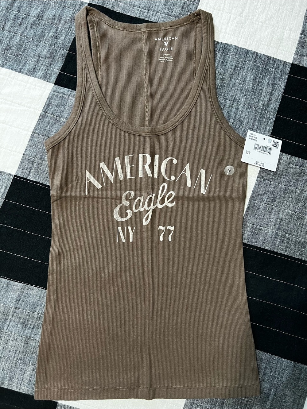 American Eagle Outfitters Brown Ribbed Logo Tank with White Print